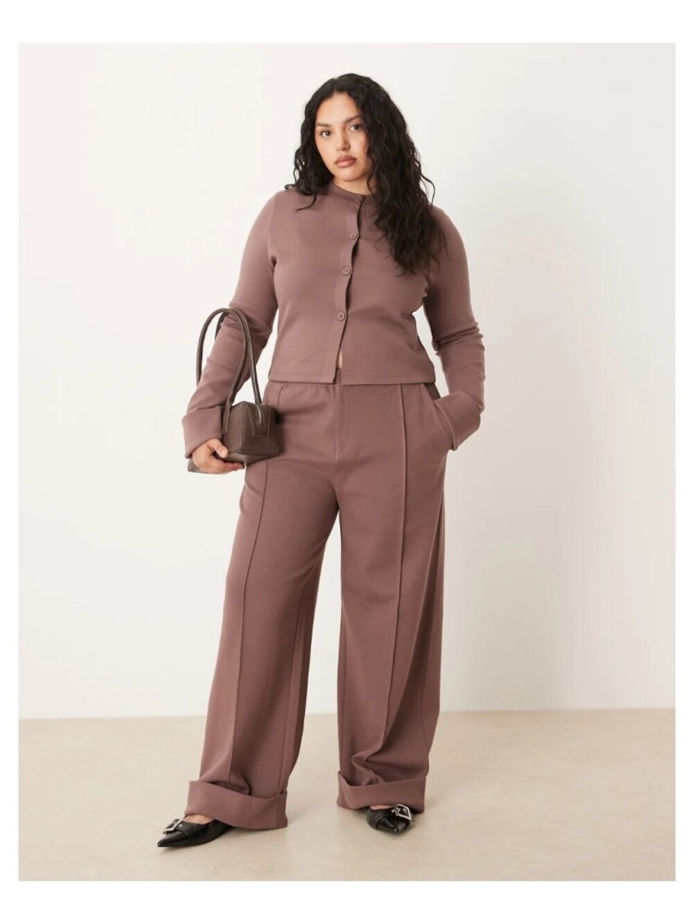 Curve Interlock Button-Up Crop Cardigan & Cuffed Hem Wide Leg Pants Set